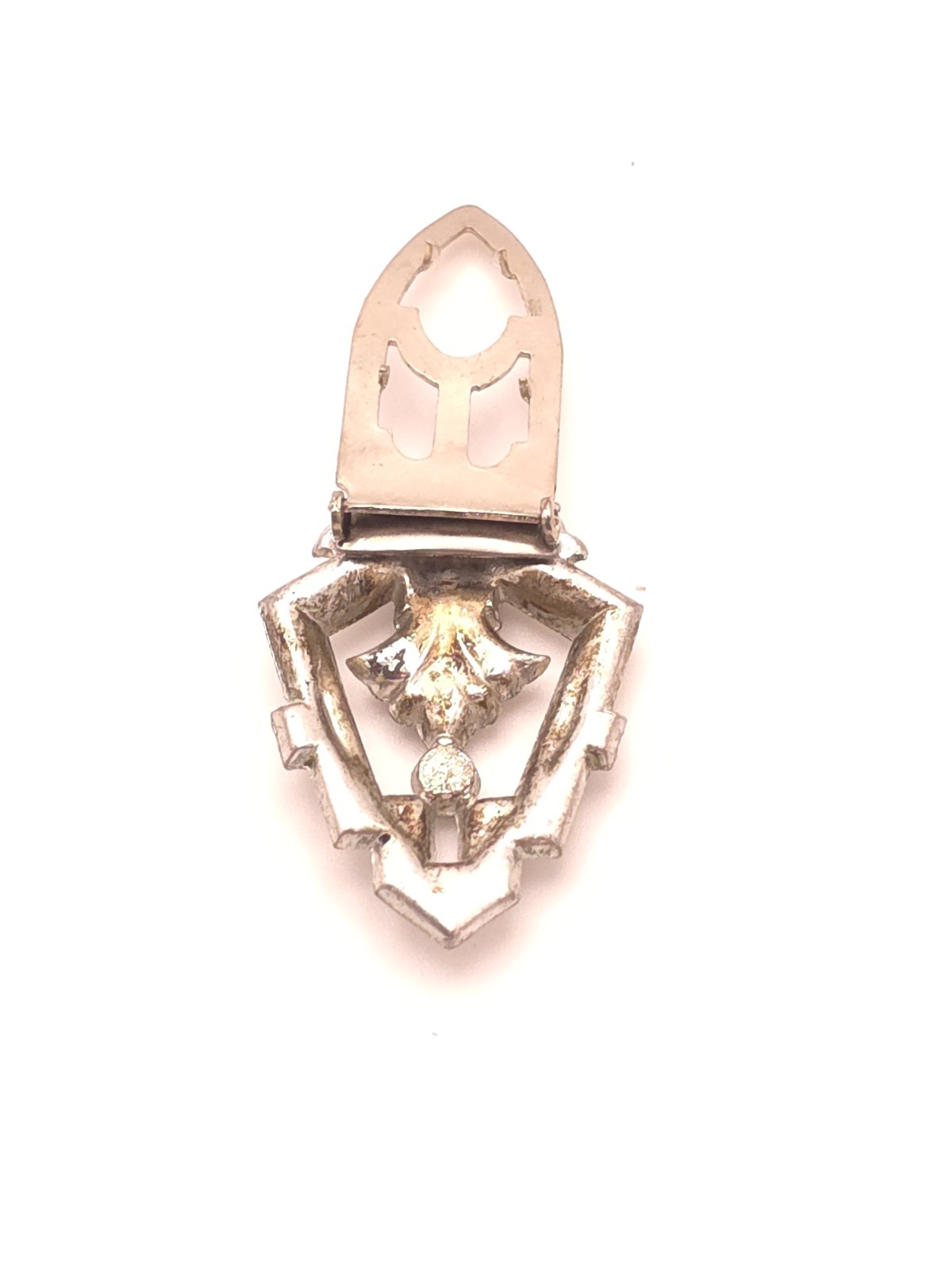 Vintage Art Deco Silver Tone Shield Dress Clip, Clear Round Simulated Rhinestone