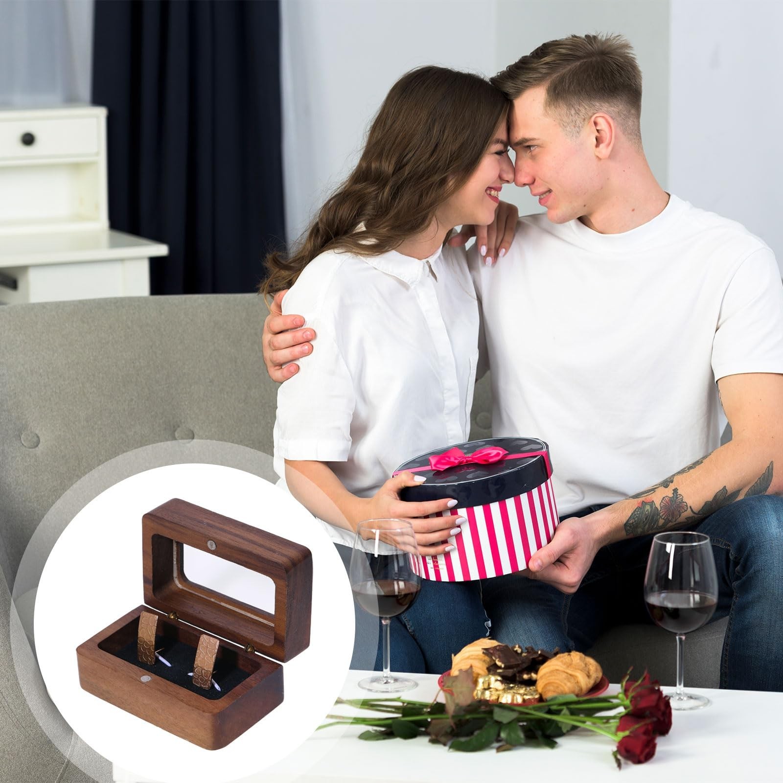 CHGCRAFT Walnut Wooden Cufflink Box with Window Square Small Cuff Links Displ…