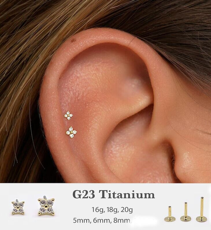 20G/18G/16G Titanium Labret 4 stones Push Pin Threadless Flat Back Stud Earring