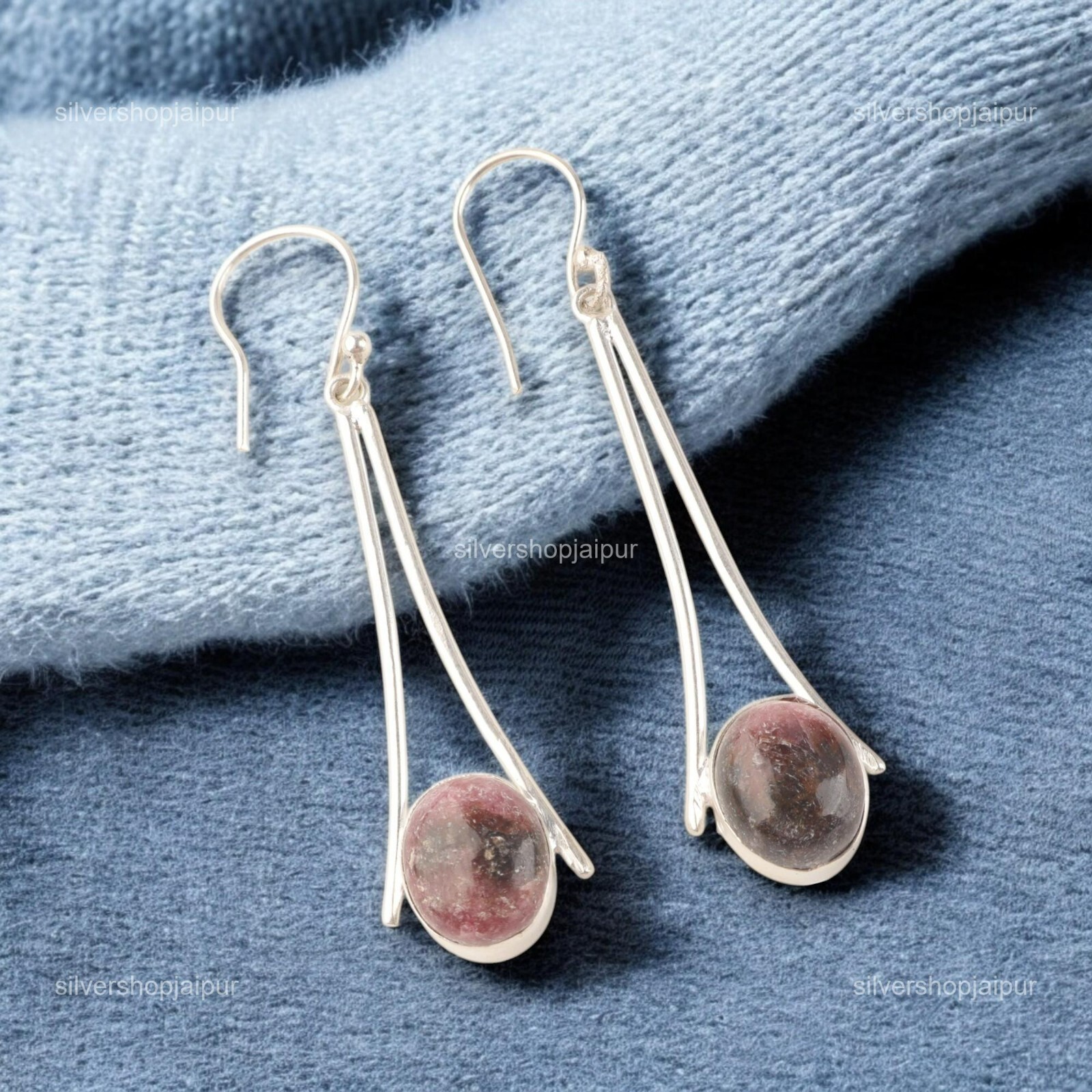 Black Rhodonite Gemstone 925 Sterling Silver Jewelry Handcrafted Earrings 2.63″