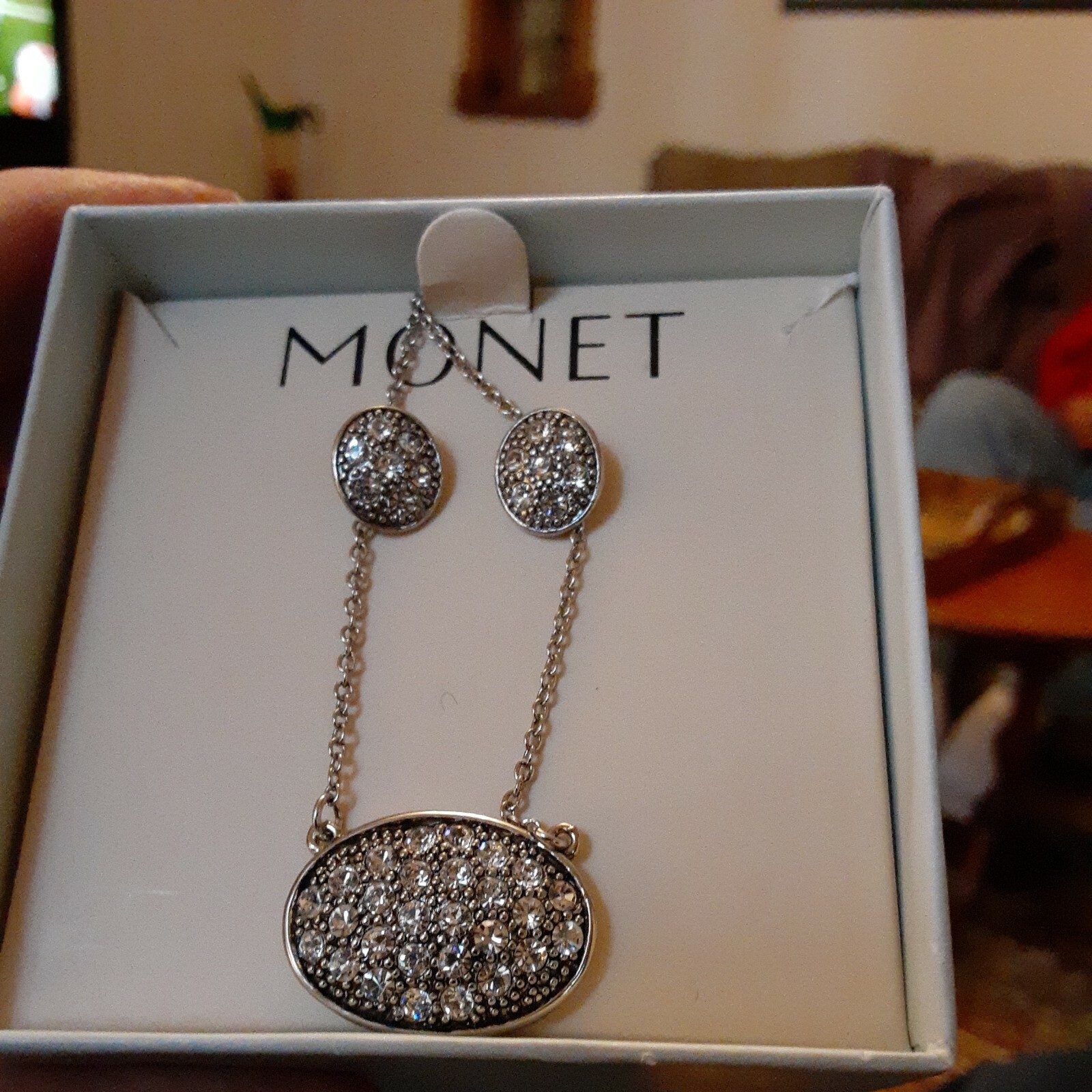 Vintage Silver Tone Monet Crystal Rhinestone Pendant Necklace & Stud Earrings