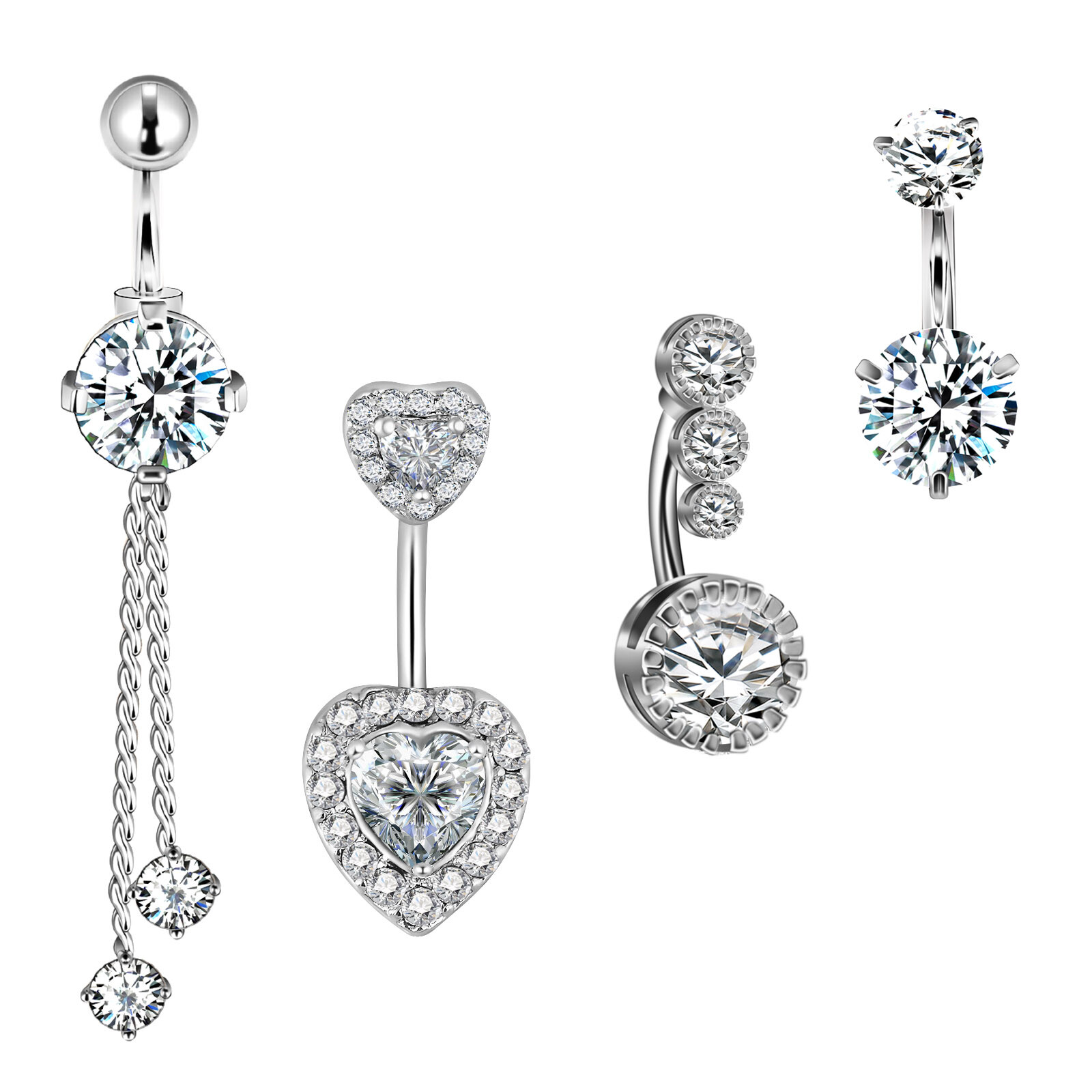 4Pcs/Set Belly Button Rings Stainless Steel Clear CZ Navel Curved Barbell 14G
