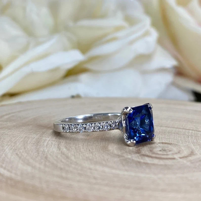 2.30 Ct Princess Natural Sapphire & Diamond Wedding Ring 14K White Gold Size 5