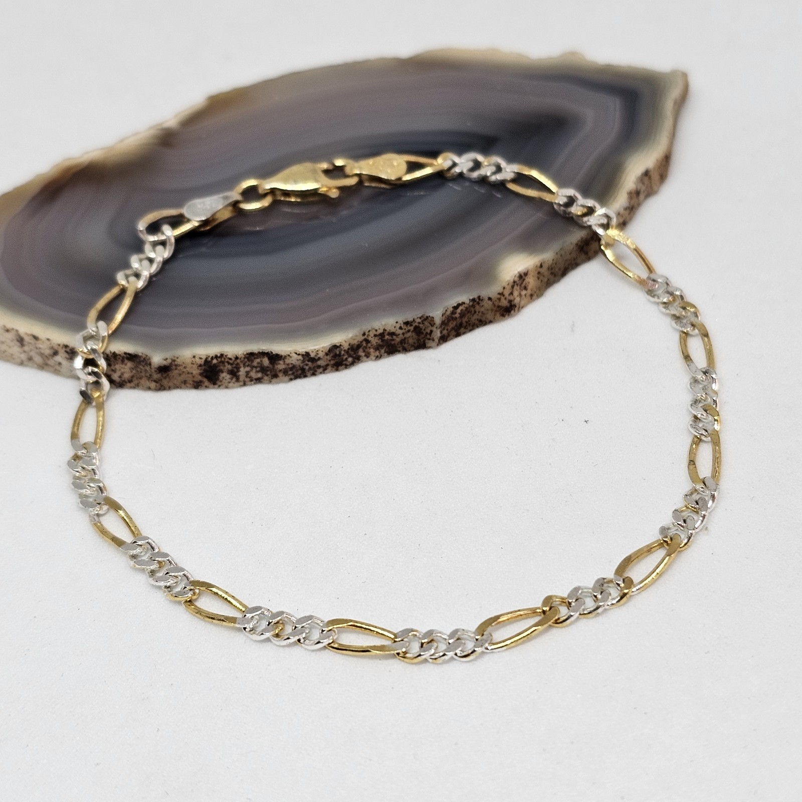 SU 925 Sterling Silver Vermeil Figaro Flat Link Chain Bracelet 7″ Long Italy