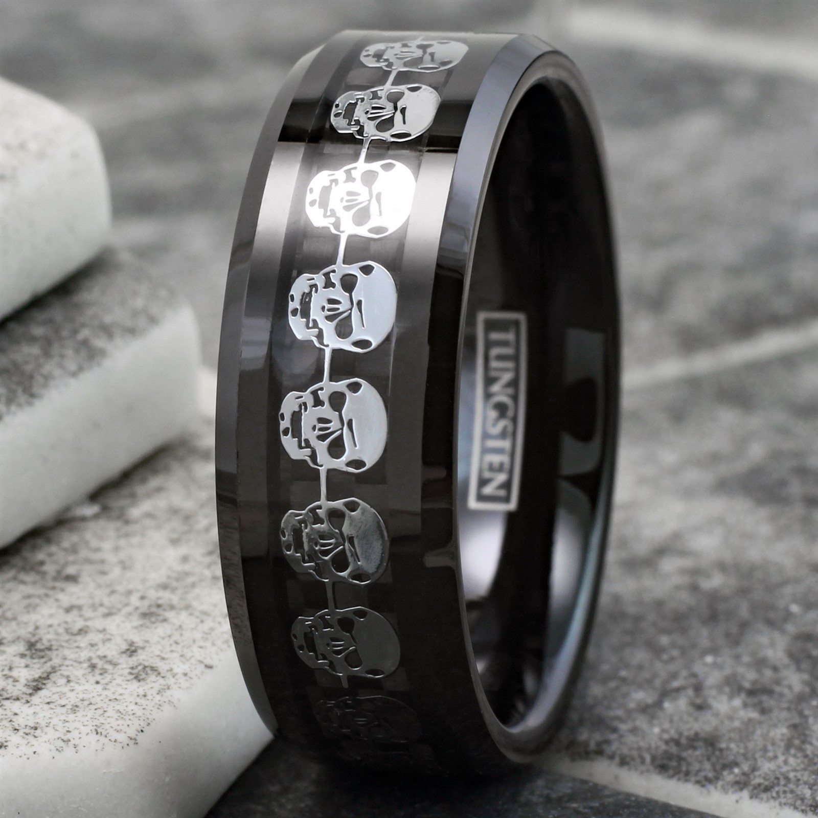 Black Tungsten Carbide Men’s Silver Skull over Carbon Fiber Wedding Band Ring