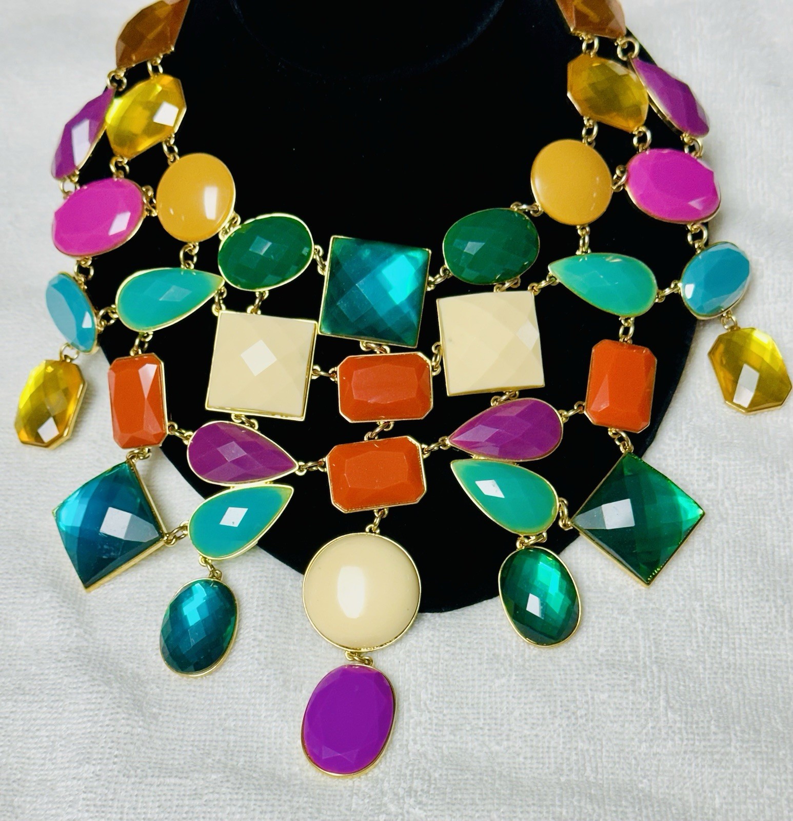 Statement HUGE Bib Colorful Blue Gold Purple Cabochon Collar Necklace n0115