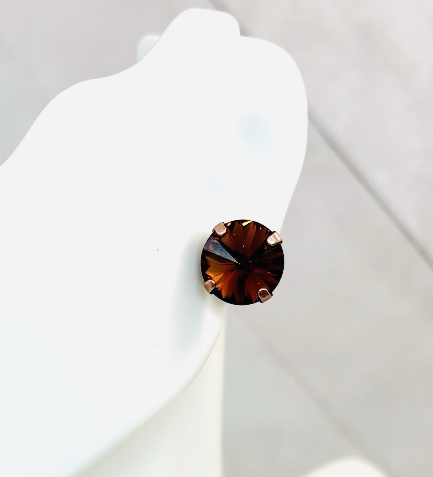 12mm Antique Copper Chocolate Brown Cup Chain Stud Earrings, Smoked Topaz Stones