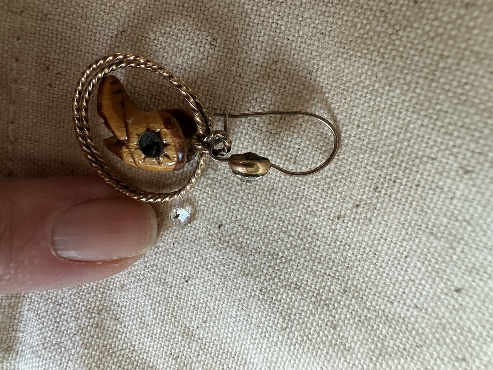 Gold Tone Hoop Dangle Earrings Brown Wood Charm Clear Round Crystal Hook Pair
