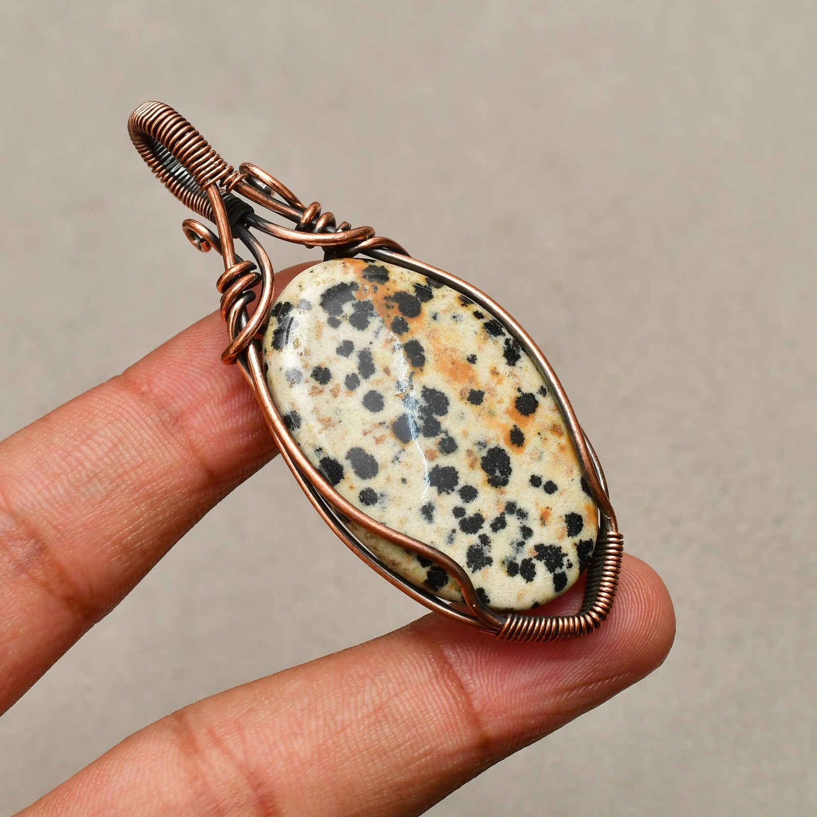 Dalmatian jasper Gemstone Copper Wire Wrap Handmade Jewelry Pendant 2.55″