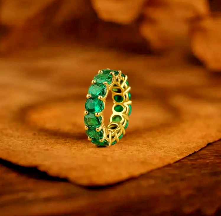 6.00Ct Oval Cut Natural Emerald Diamond Solid 14K Yellow Gold Eternity Band Ring