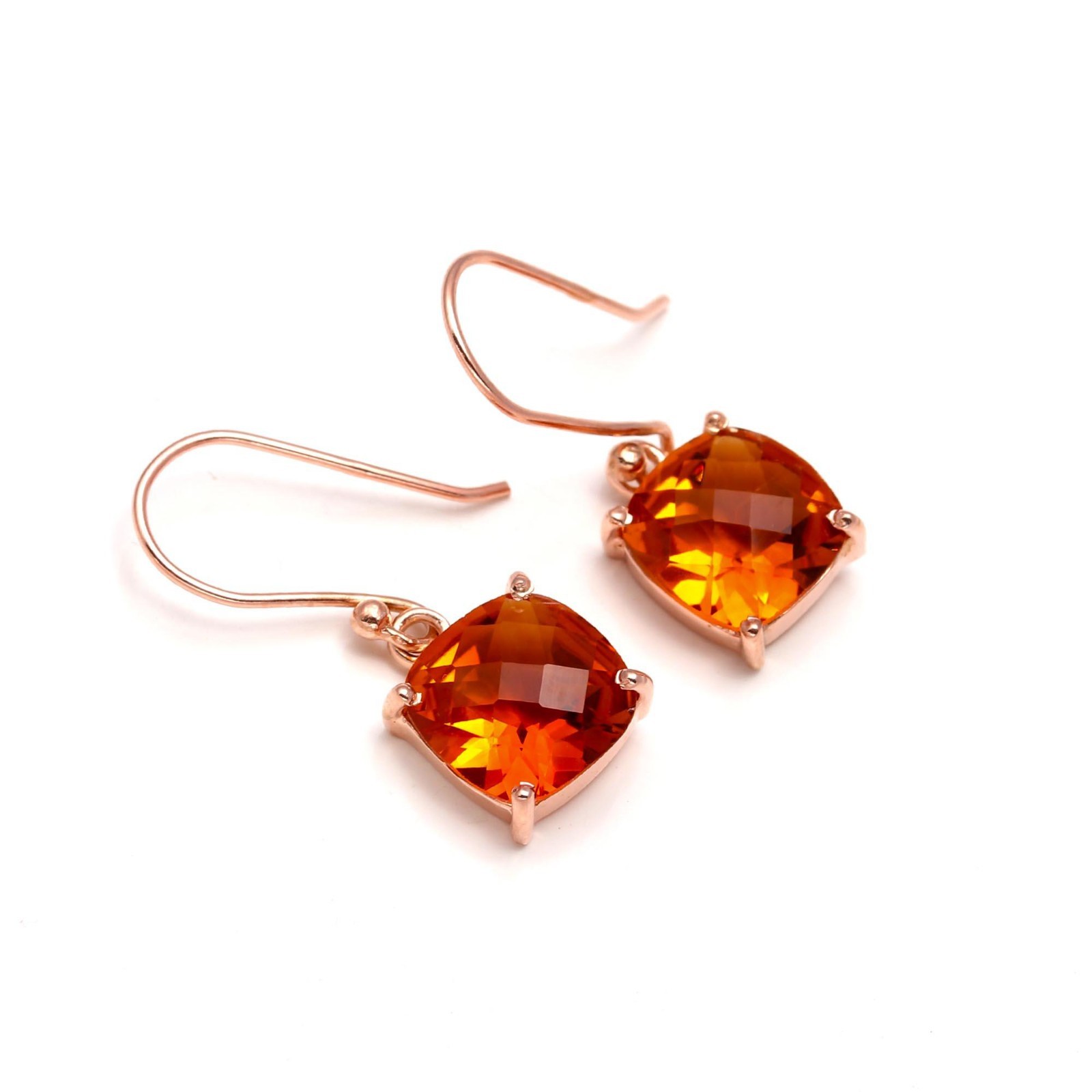 Natural Citrine Quartz Cushion Earrings Rose Gold Filled Solid Silver Jewelry