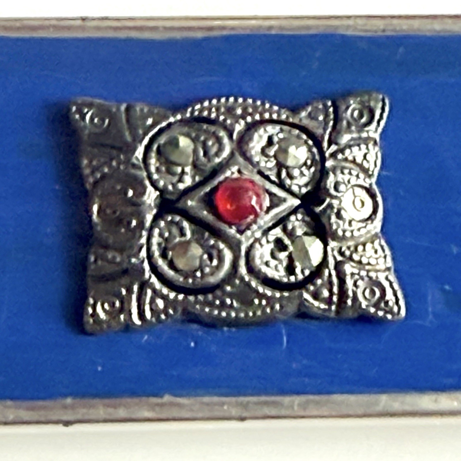 Art Deco Changette Brooch To Hold Dimes Silver Tone Blue Enamel Marcasites