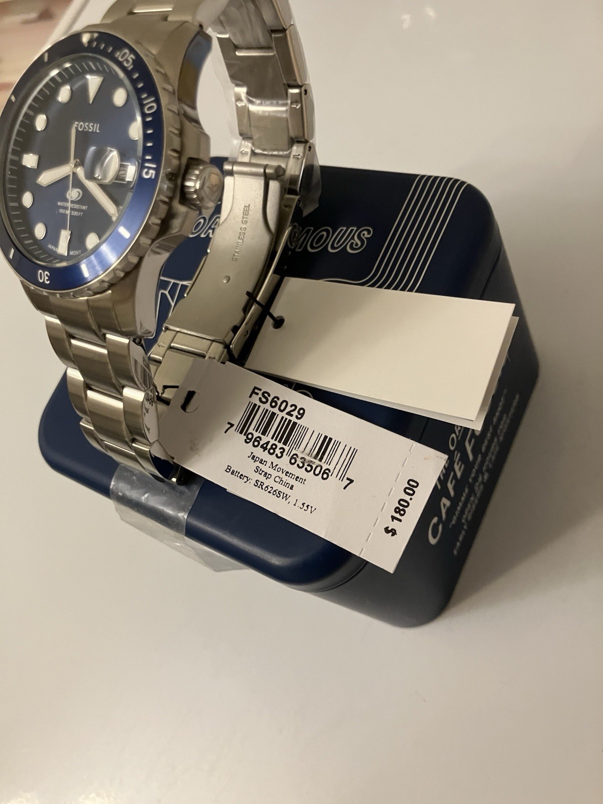 Fossil Blue Dive, Silver Stainless Steel Quartz Watch, Miyota 2115 Date, NIB