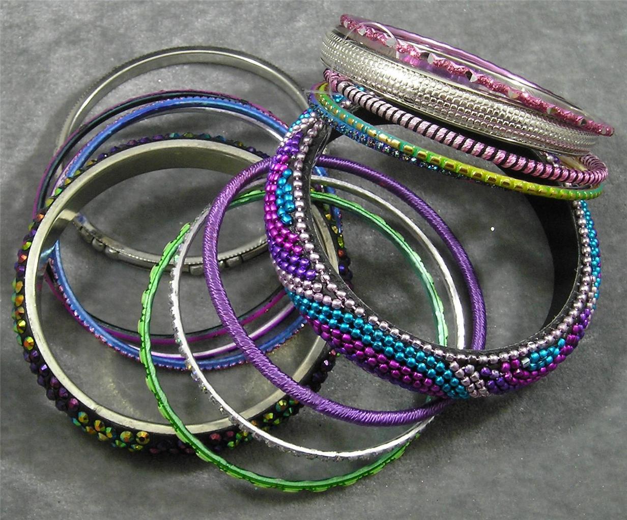 BOHO Resin Crystal Steel Aluminum Brass Polyester Rainbow 14 Bangle Bracelet Set