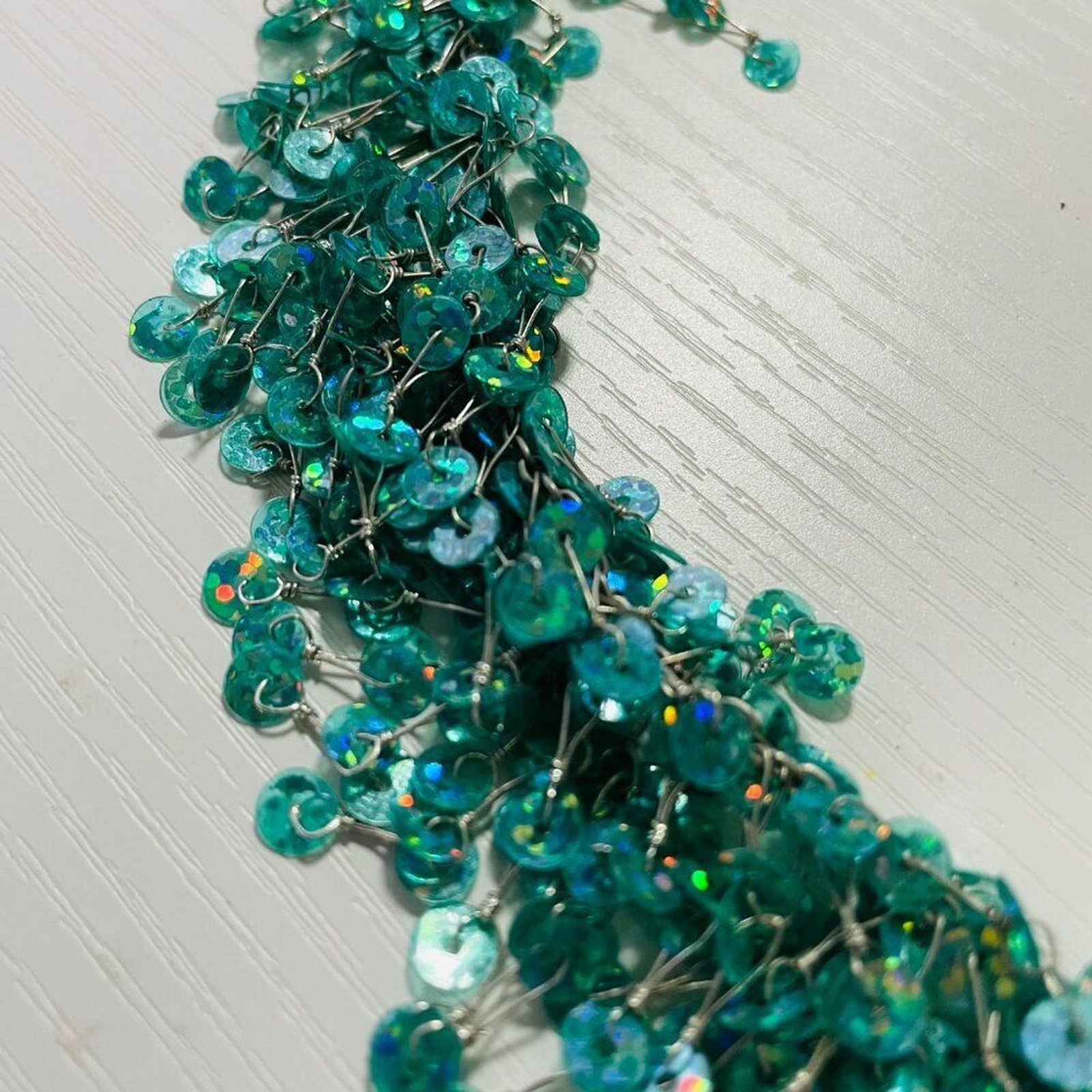 Teal Sequin Fringe Statement Necklace Iridescent Bib Collar