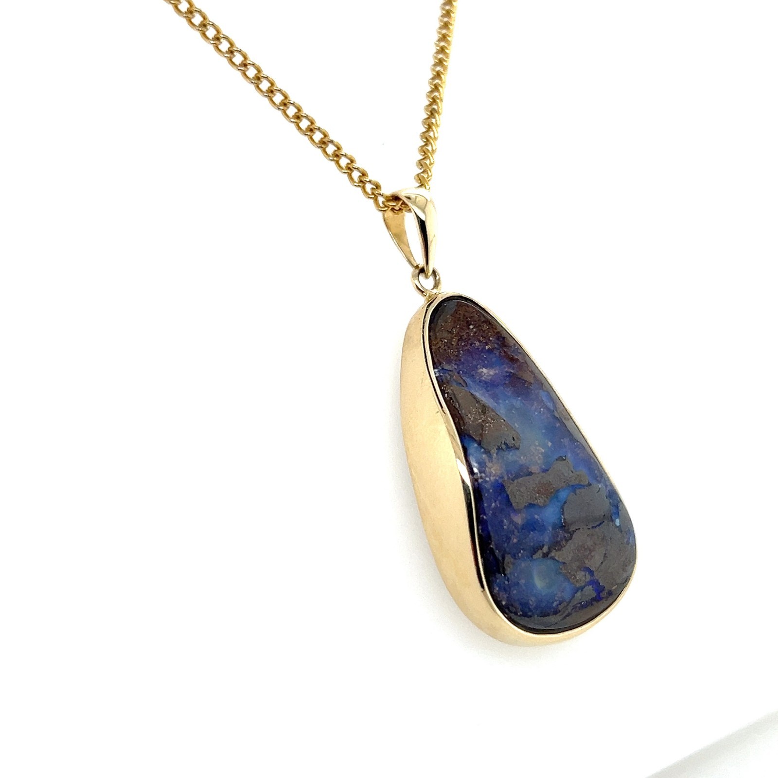 Contemporary 14 Karat Yellow Gold Freeform Oval Blue and Brown Opal Pendant