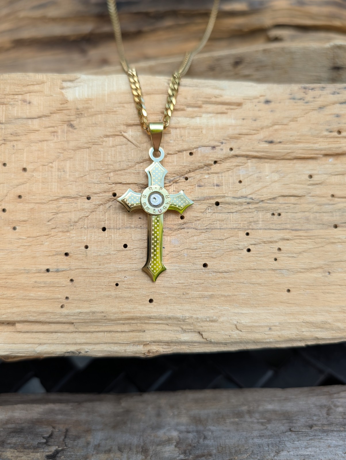Gold Stainless Steel Cross Necklace with 9mm Bullet. Optional Crystal.