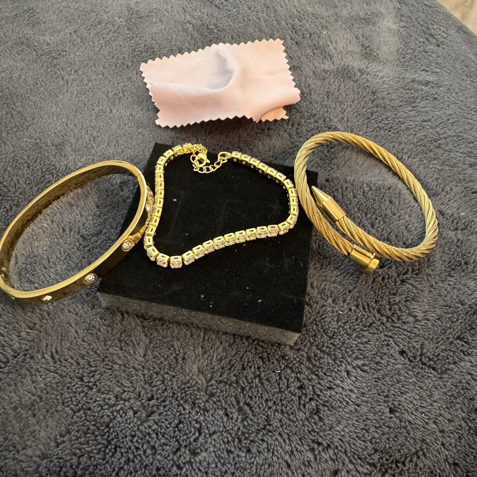 New Lot of 3 Gold Tone Bracelets Cable Cuff Crystal Tennis Hinged Bangle Set