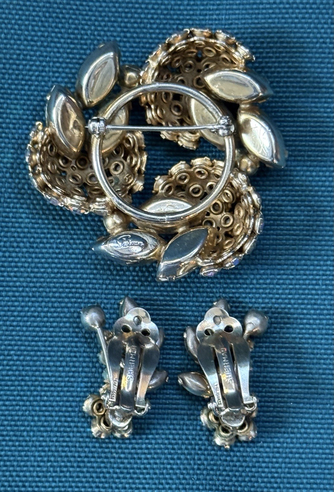 Vintage SHERMAN Signed Aurora Borealis Brooch and Earring Set BEAUTIFUL!