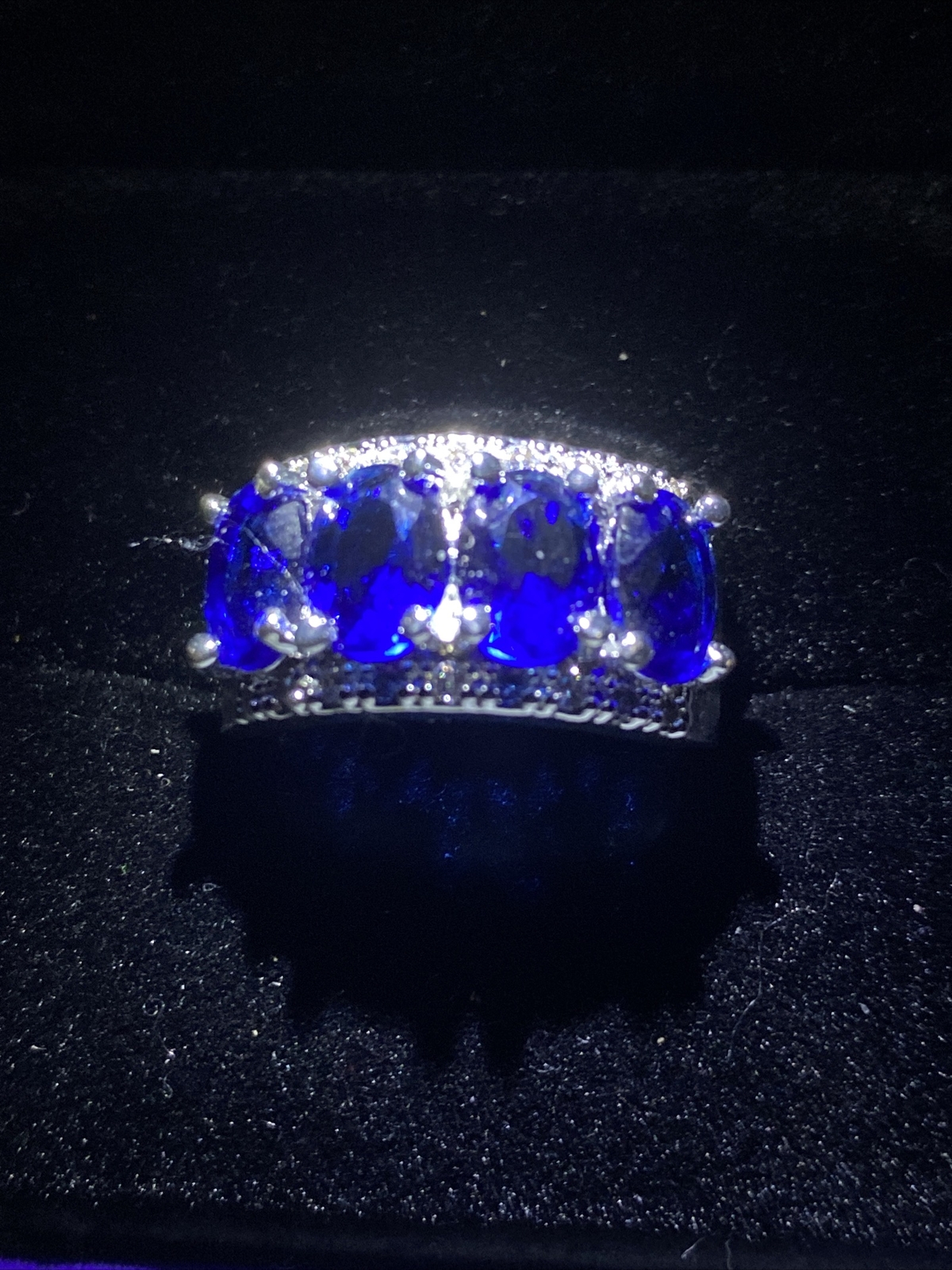 Created White Sapphire And Blue Diamante Ring. 4 Stone Wide Band Size P1/2 56