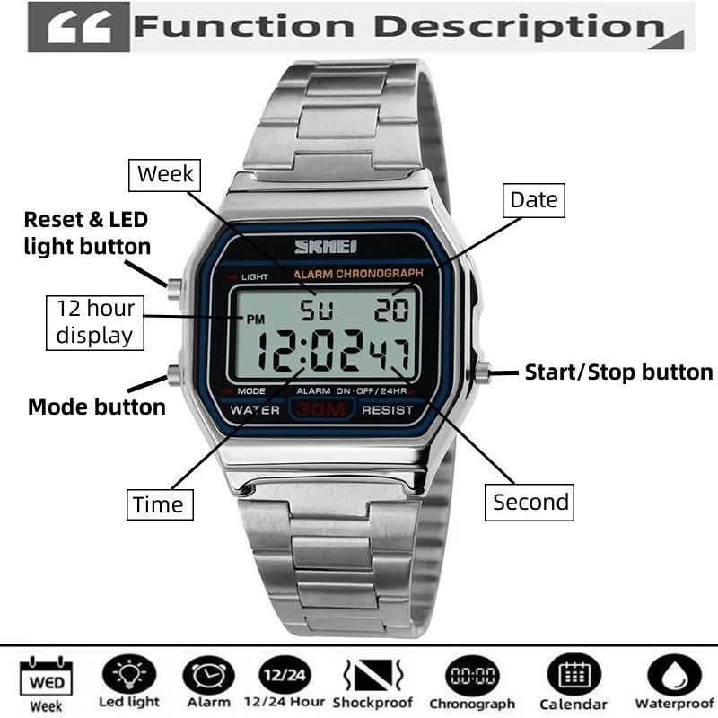 SKMEI SK1123 Unisex LED Digital Watch Stainless Steel Waterproof Chronograph