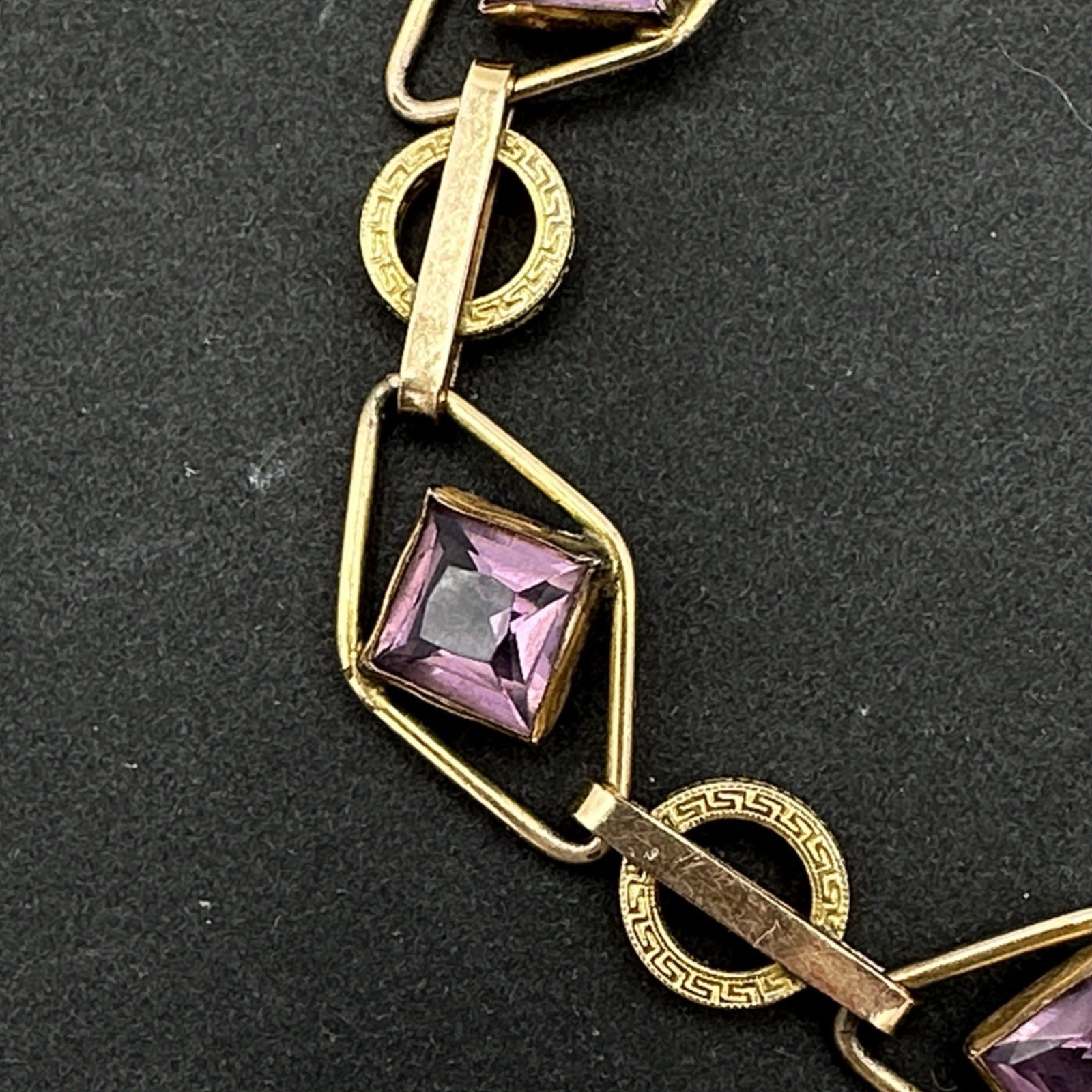 ART DECO 12K gold-filled bracelet – vintage purple amethyst glass embossed links