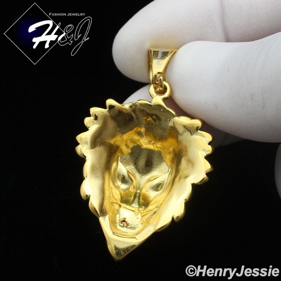 MEN’s Stainless Steel ICY Bling CZ 3D Gold Plated Lion Face Pendant*GP134
