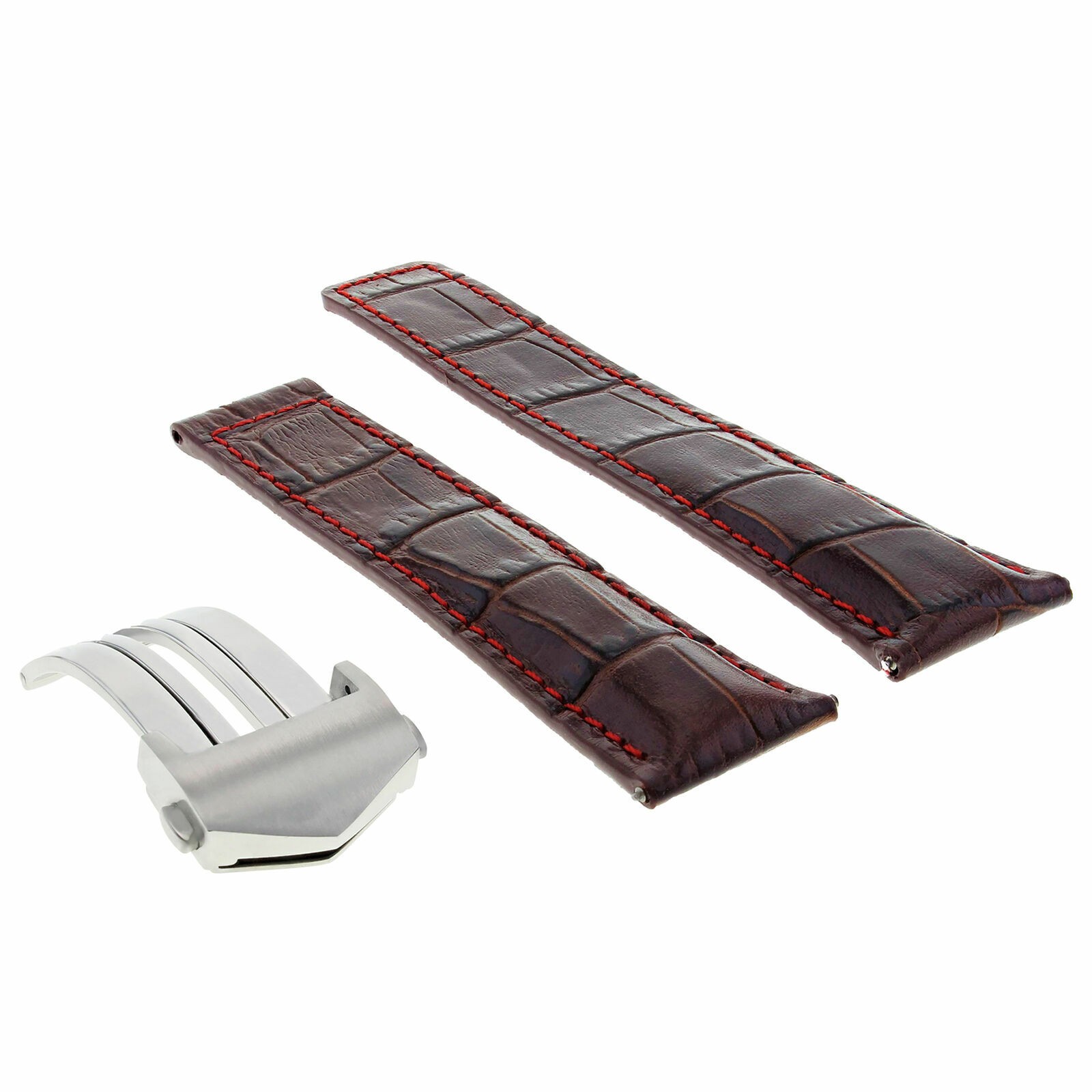 22mm Brown Leather Replacement Strap Red Stitching Silver Clasp For Tag Heuer