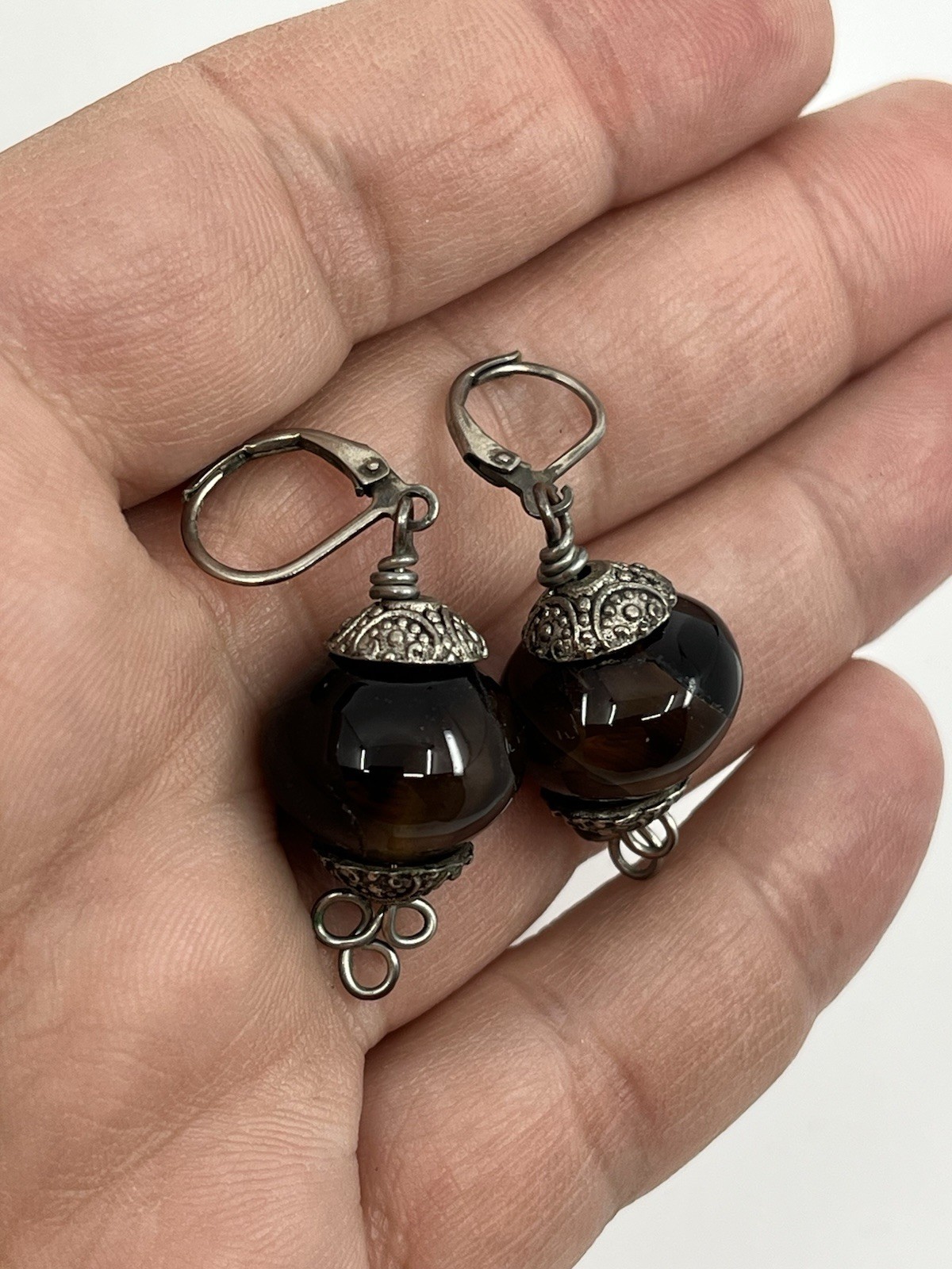 Artisan Silvertone Tiger’s Eye Filigree Earrings Secure Hook 1.25”