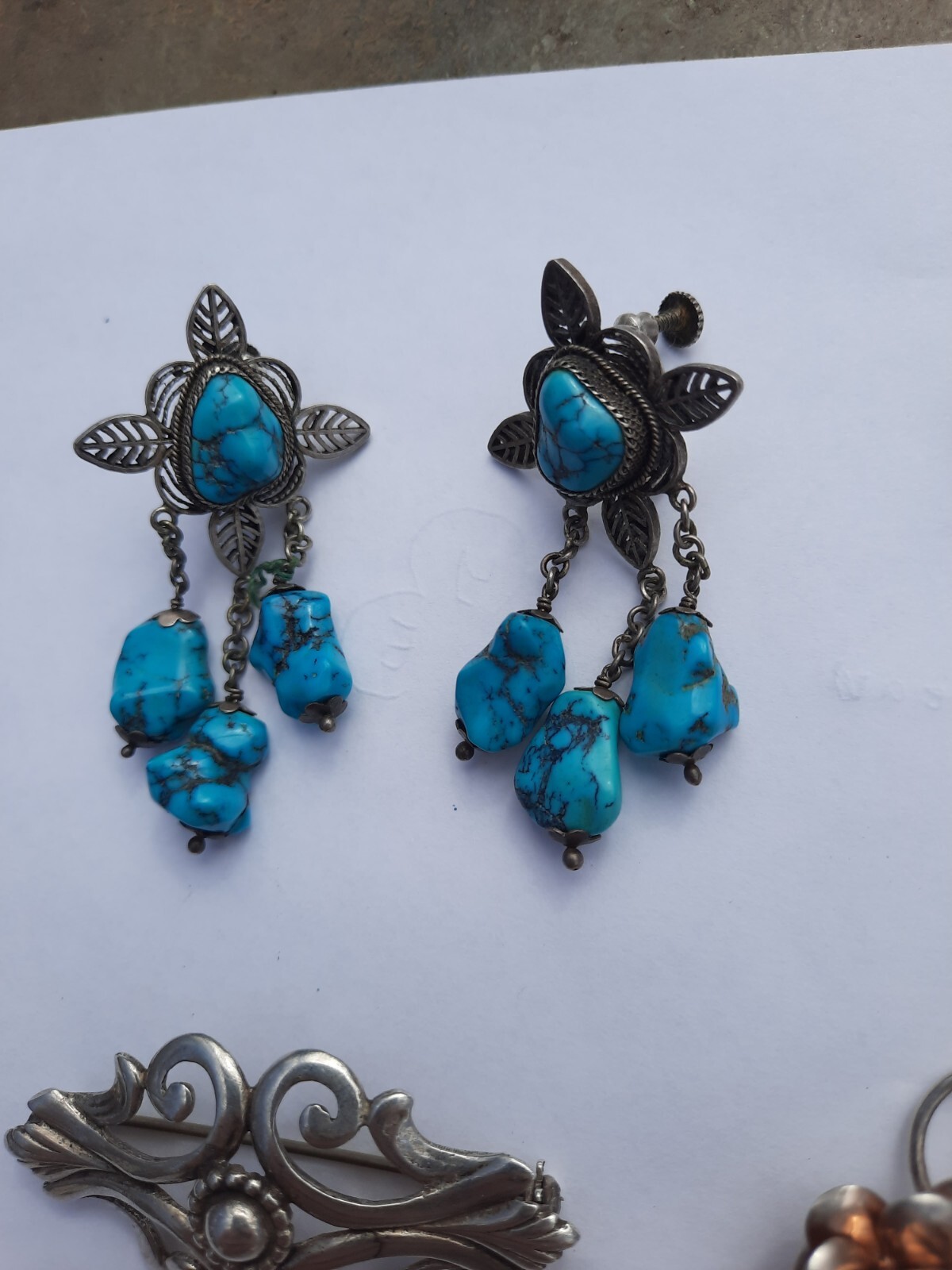Antique Vintage Chinese Export Turquoise 800 Silver Filigree Earrings Chandelier