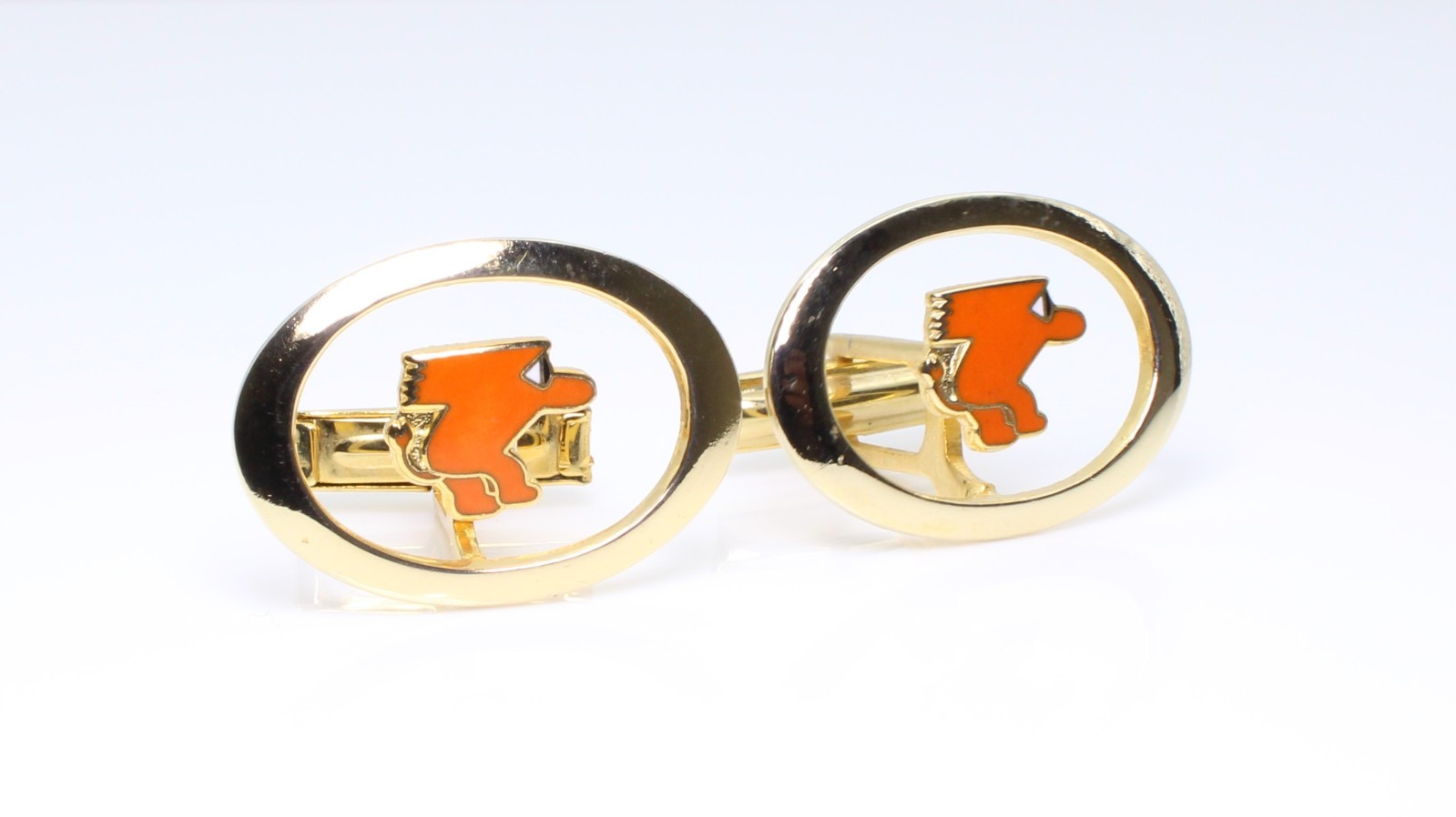 Vintage 1950s Orange Enamel Mascot Floating Logo Cufflinks MCM Gremlin Gnome