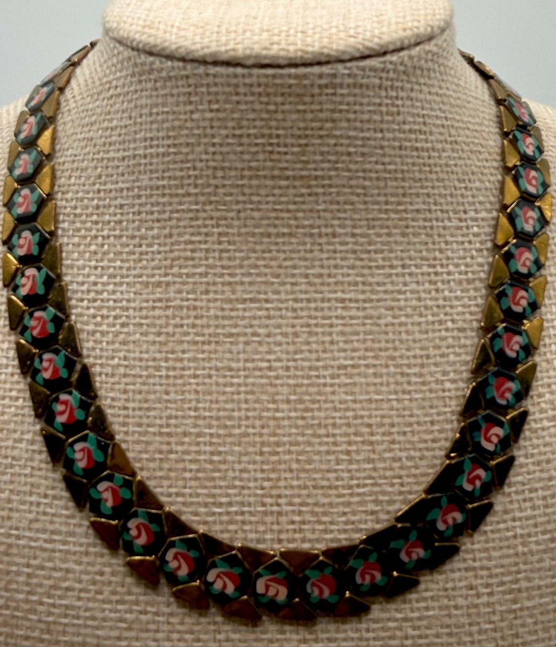 Rare Enamel Flower Bookchain Necklace Gold Tone