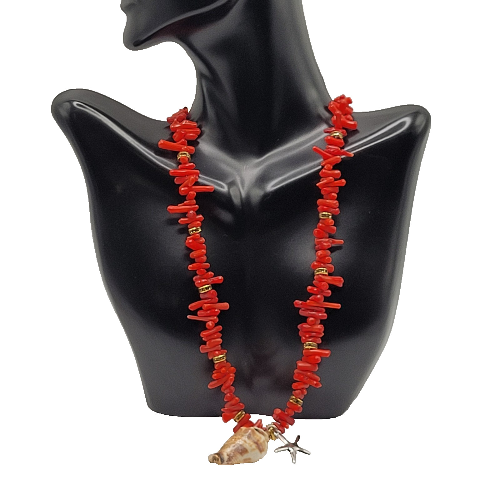 Vintage SW Artisan Red Branch Coral w Shell Pendant Gold Tone Cones Necklace