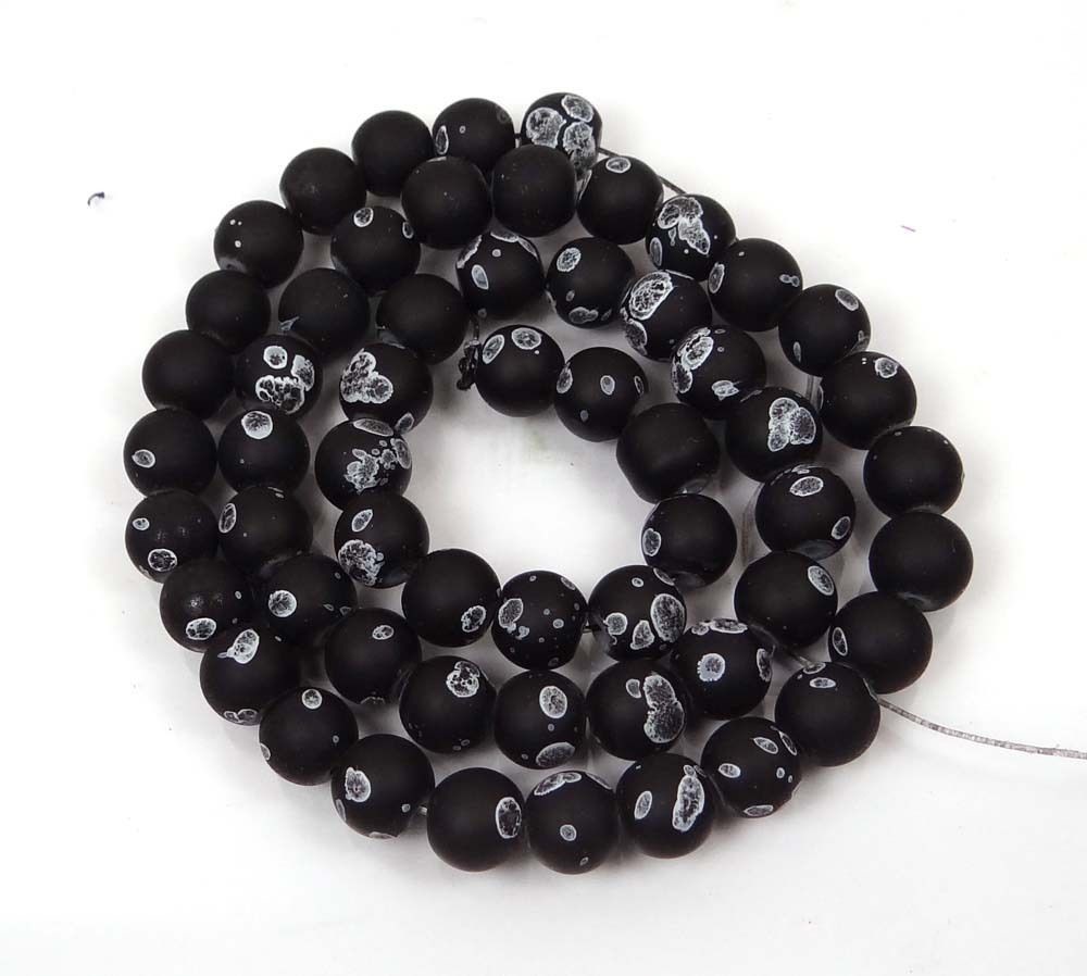 8mm Matte Frosted Neon Rubberized Glass Round Beads – Black w/ white dot 16″