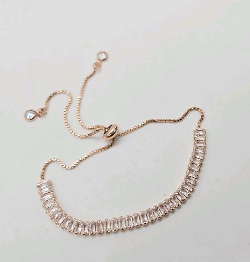 Tennis Bracelet Crystal Rhinestone Baguette Rose Gold Tone Drawstring Closure