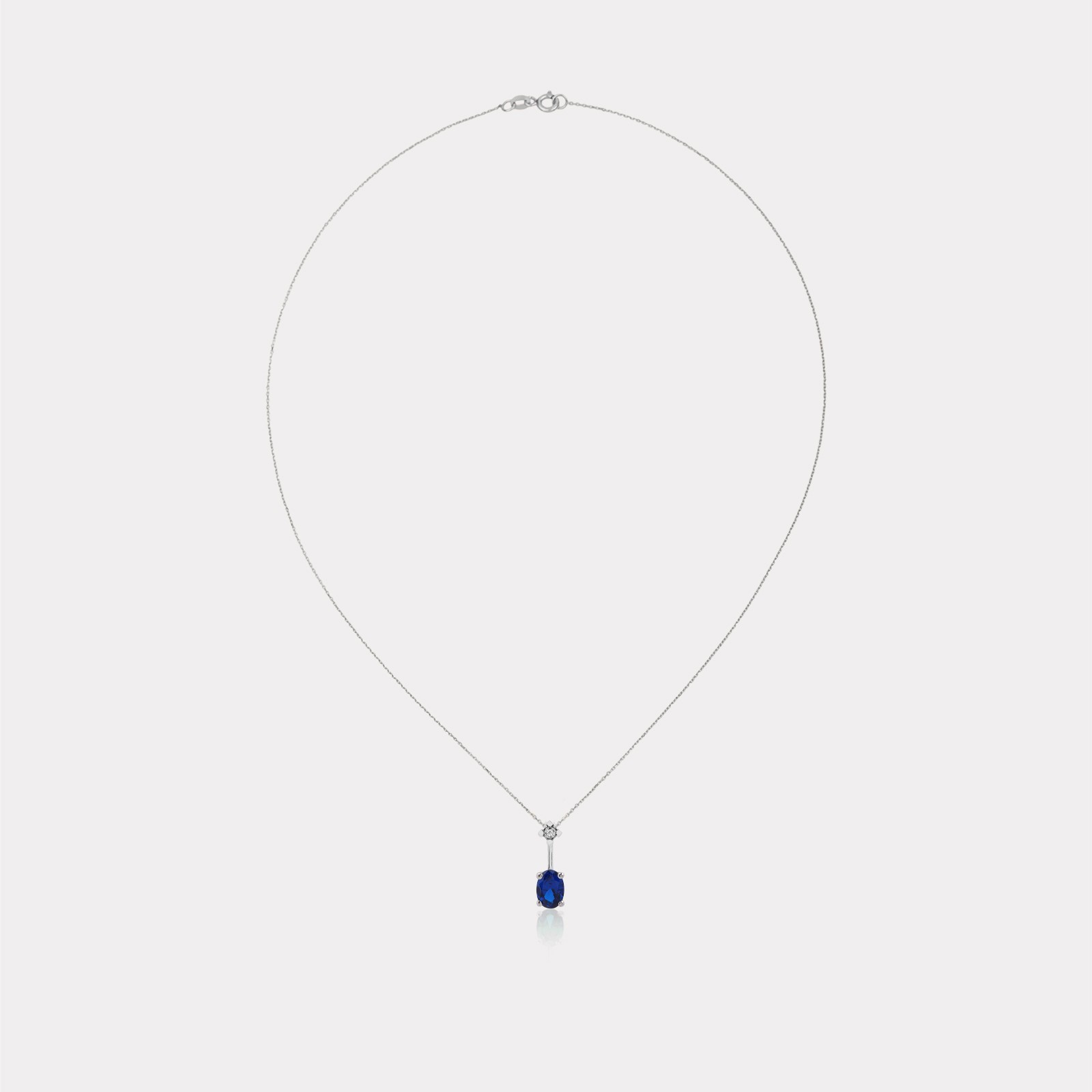 Real 0.01ct Diamond & 0.75ct Sapphire Oval Pendant Necklace 8K White Gold Gift