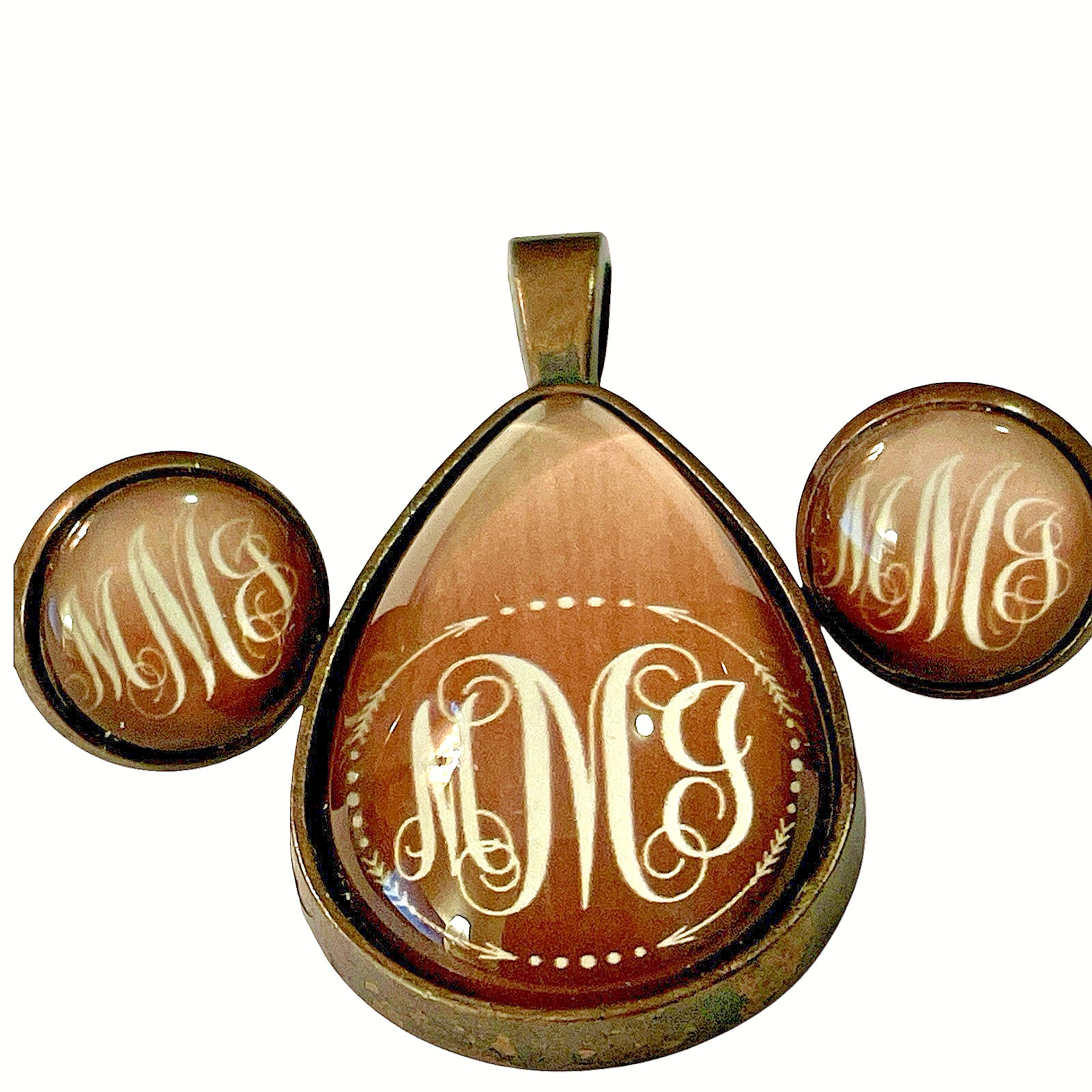 Personalized Monogram Initial Pendant MMG (or MMJ) Earrings Set Bronzed Metal