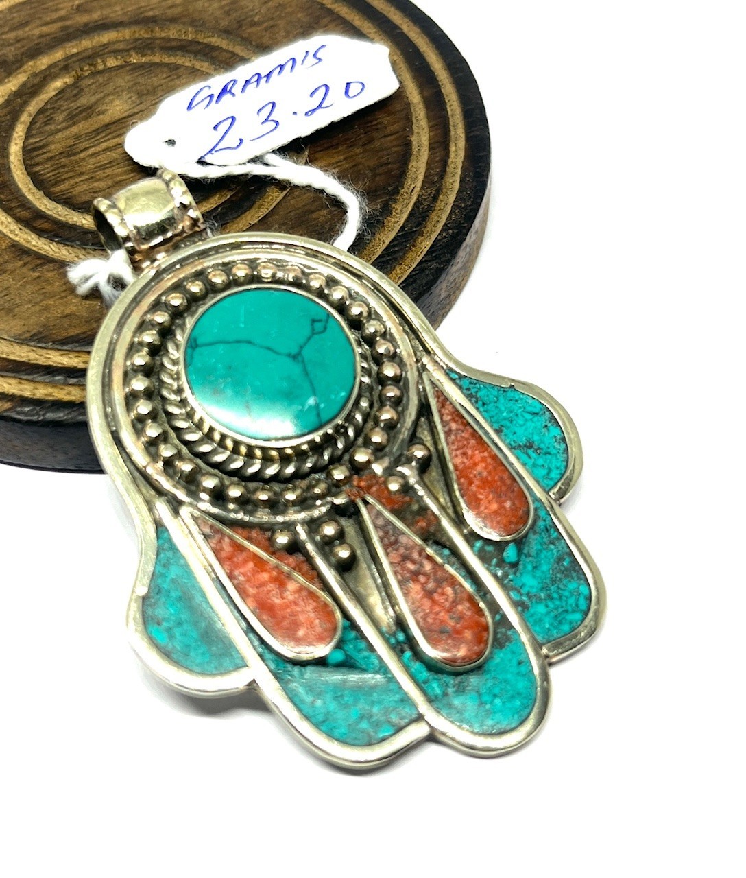 Tibetan Turquoise Coral Gemstone Buddhist Prayer Pendant Jewelry, 2.5 inch