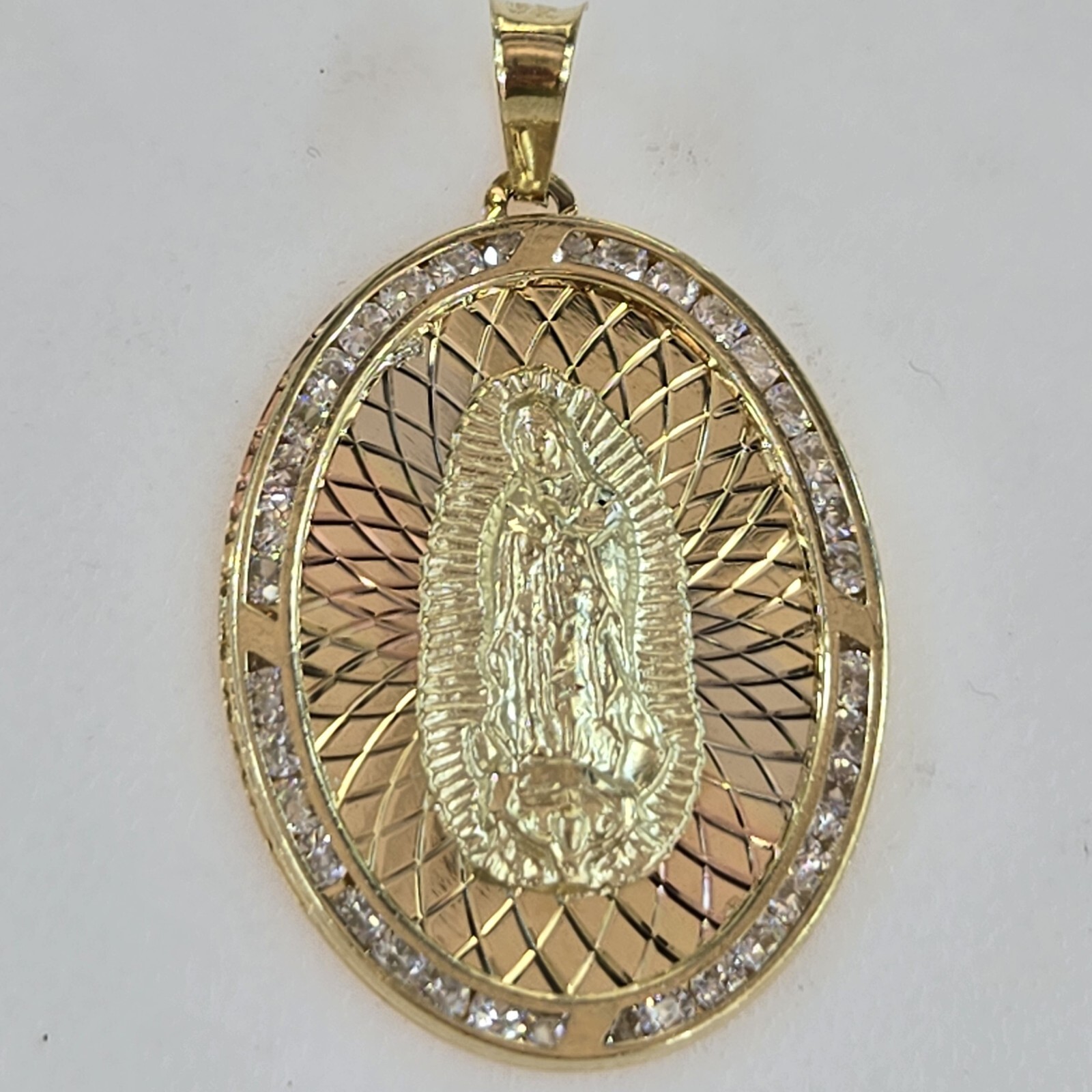 14k yellow real gold Holy Virgin Mary pendant charm 1.95 inch long guadalupe