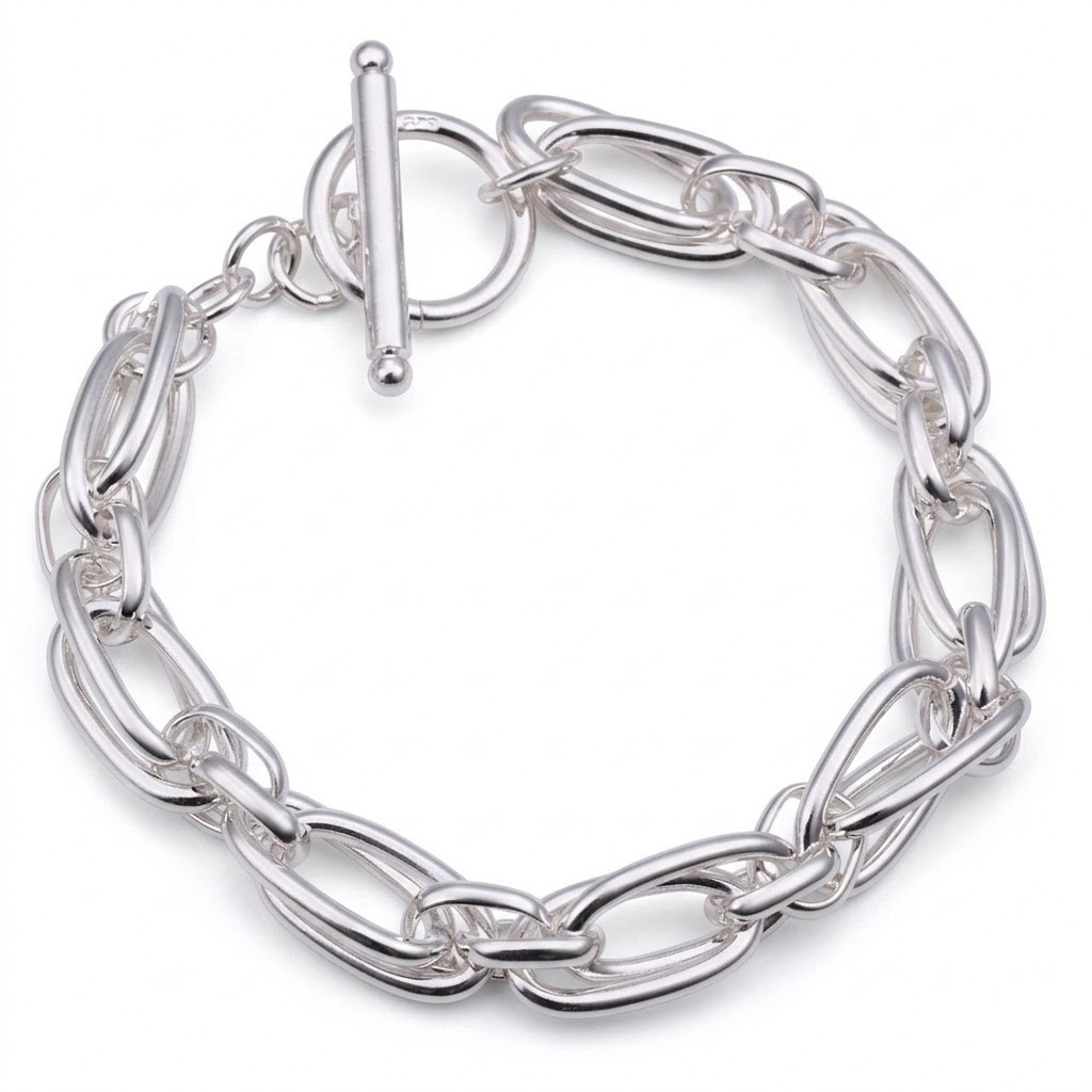 Elegant Silver Plated 8 inch Double-Oval Link Bracelet with Toggle Clasp S3722