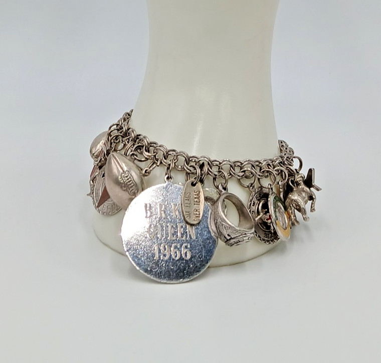 VTG 60s Charm Bracelet 8in Sterling Silver 70g JANE School Travel Faith South US