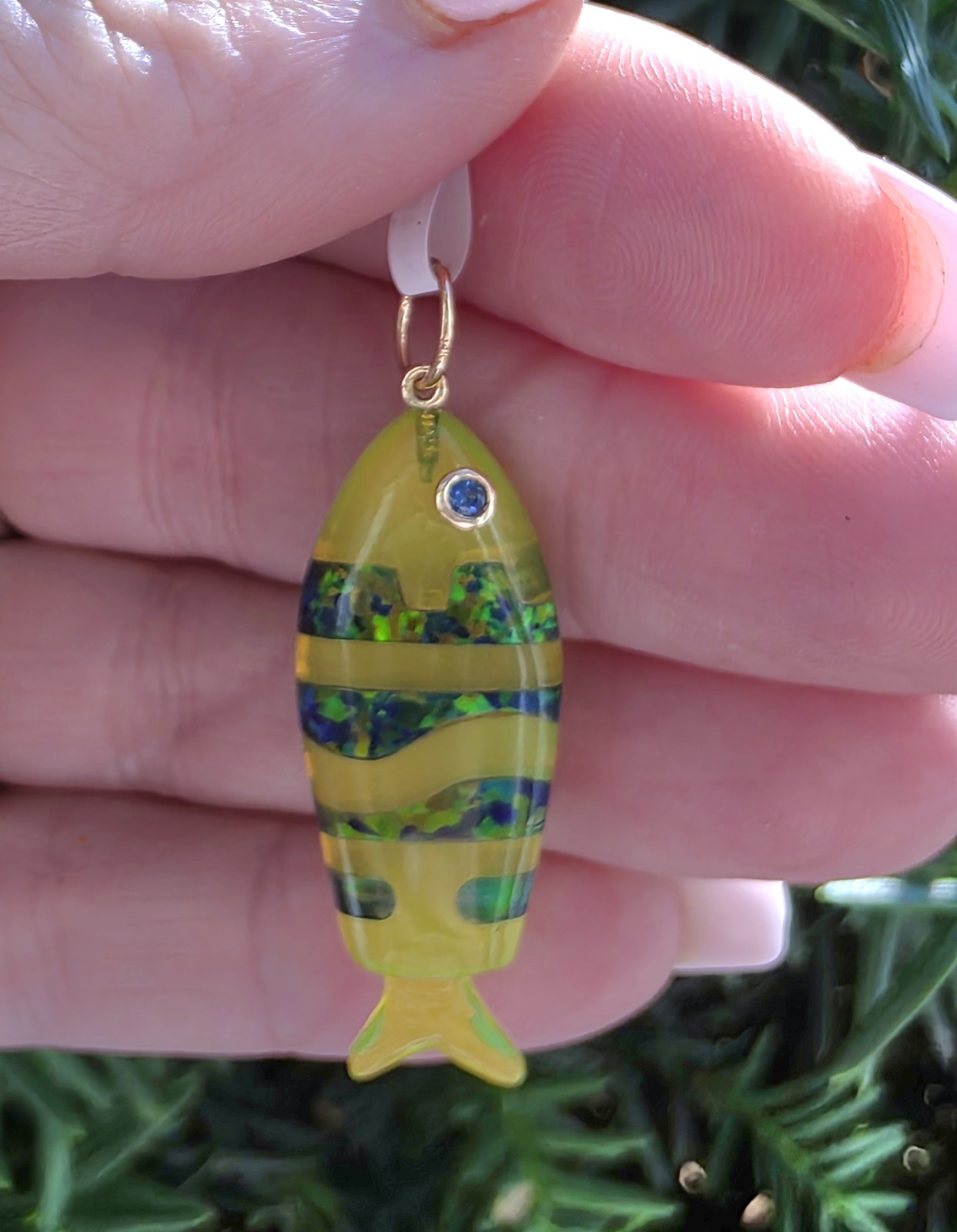 Opal & Green Quartz Fish Pendant In 14k Gold