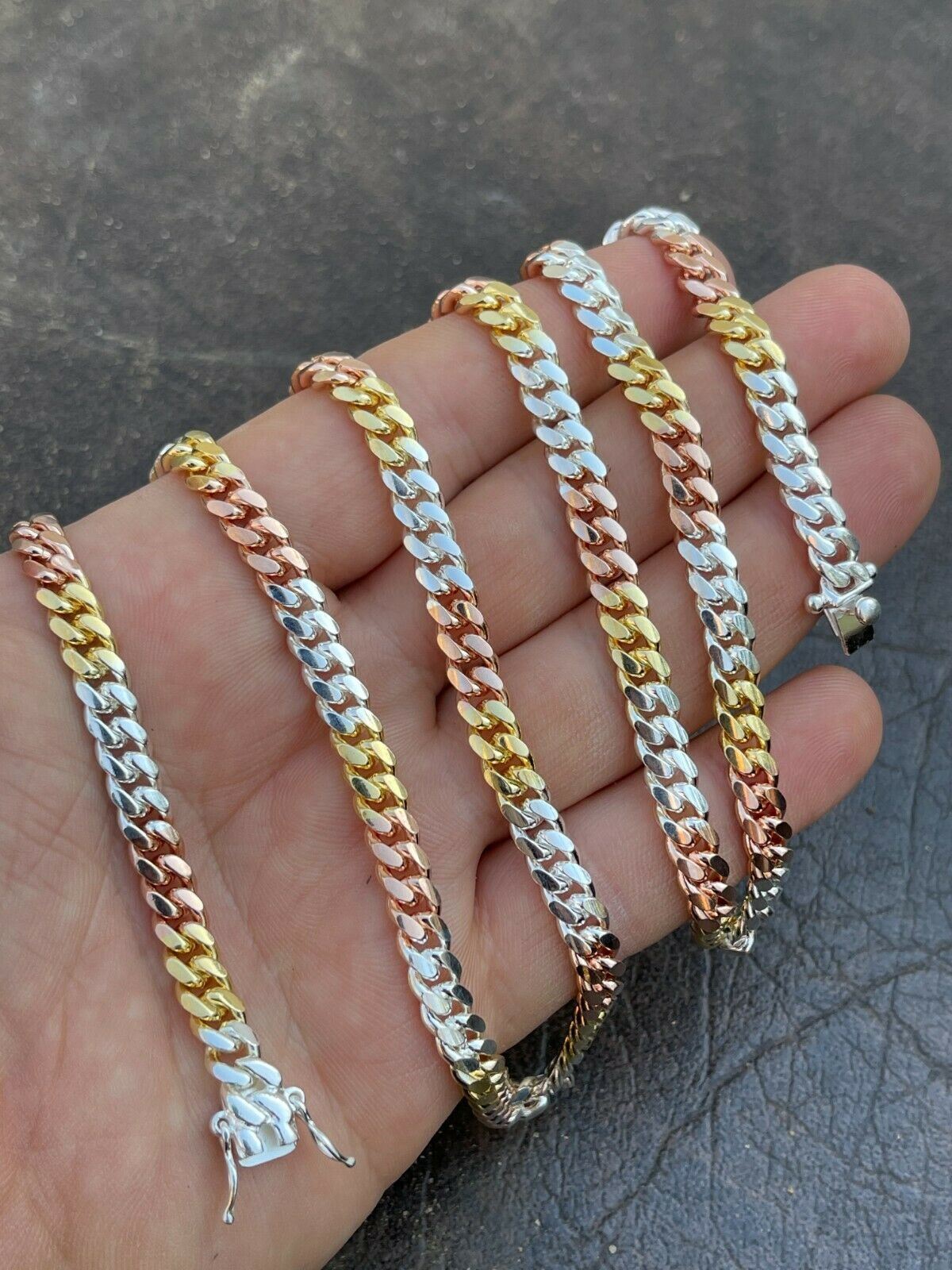 Tri Color Solid 925 Silver Rose & 14k Gold Plated Miami Cuban Necklace Bracelet