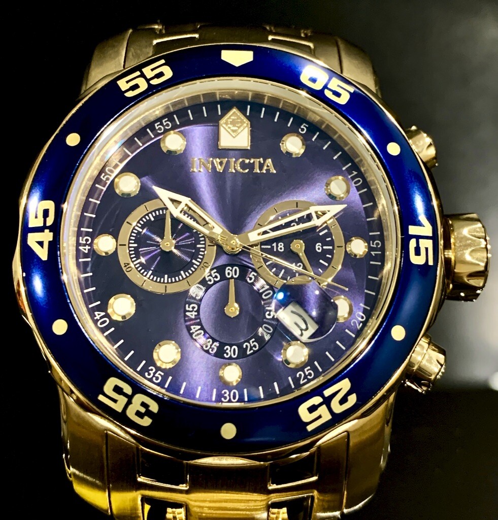 Invicta Mens PRO DIVER SCUBA Chronograph Blue Dial 18Kt Gold Plated Watch 0073