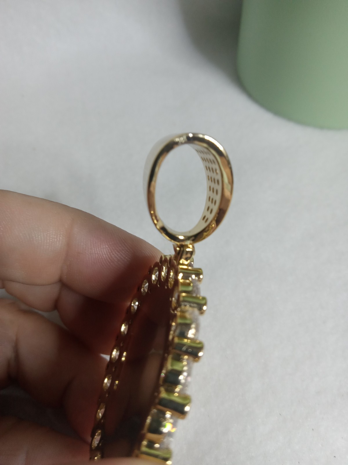 Gold Plated Round Cz With Large Space For Chain Photo Holder