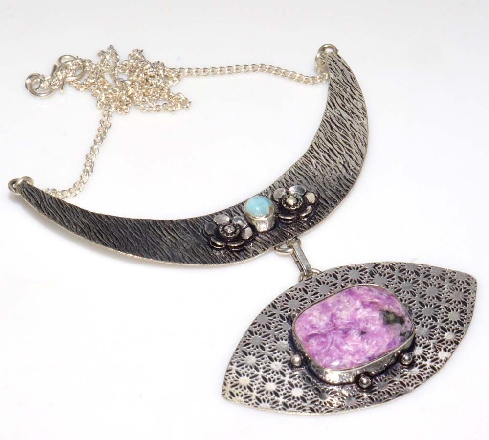 Pretty Charoite Larimar 925 Silver Plated Necklace 17″ Unique Jewelry Trendy MJ