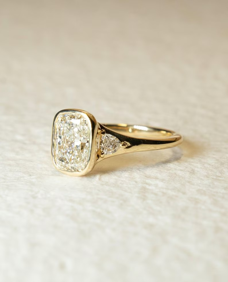 4.20 Ctw Cushion Cut Moissanite Bezel Engagement Ring 14k Yellow Gold Plated