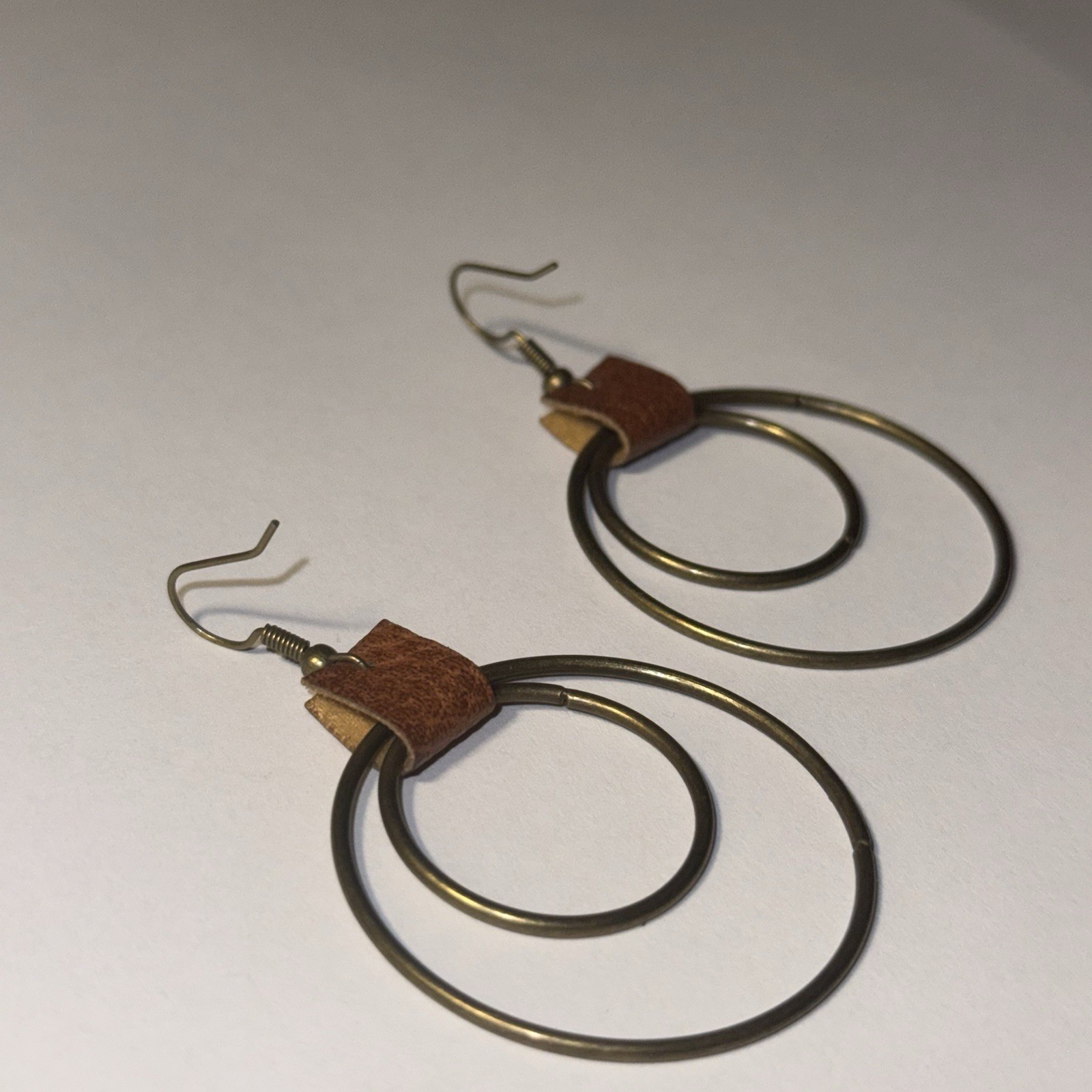 New Double Hoop Dangle Drop Earrings w/ Brown Leather Accent | Hook | Gold Tone