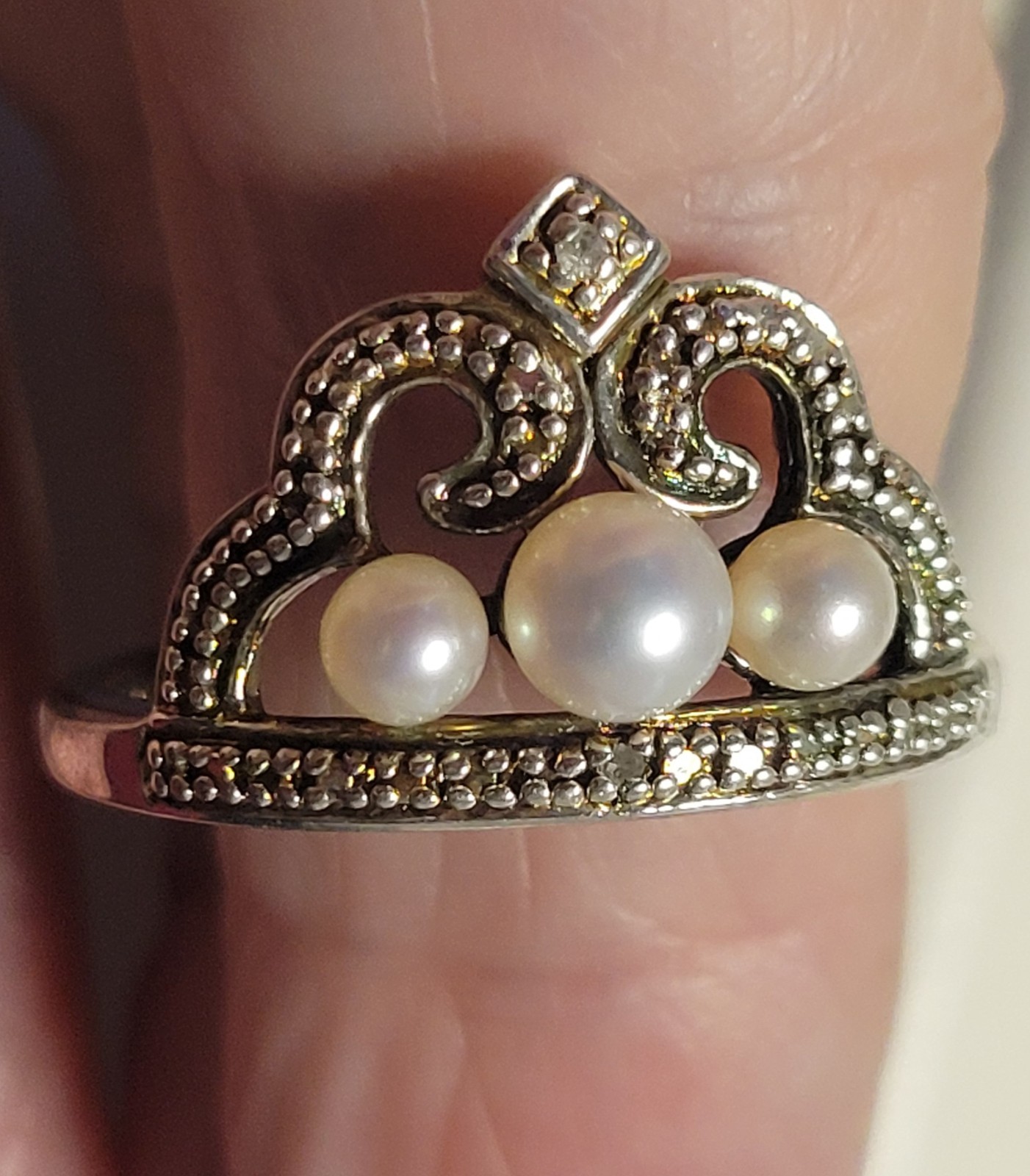 Ross-Simons Sterling Silver White Pearl & Diamond Accents Crown Ring Size 10