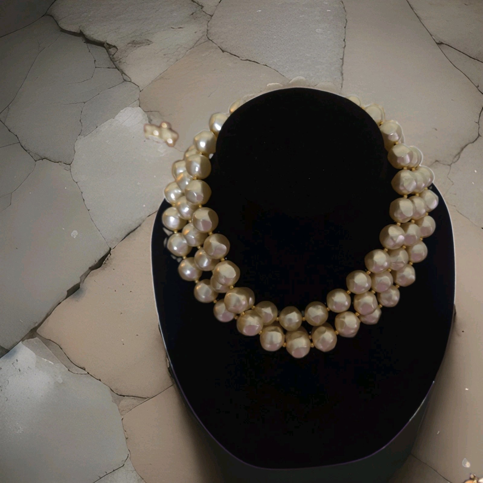 Vintage 1950s 3-Strand Faceted Faux Pearl Collar Necklace, Ornate Filigree Clasp